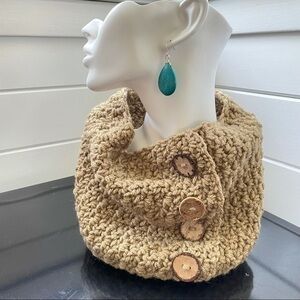 Handmade Salted Caramel Taupe Cowl Statement Scarf Button Accent Knit Crochet